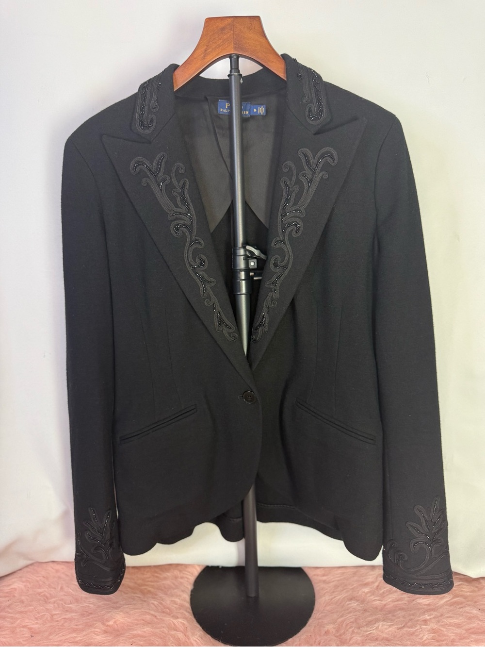 Vintage Polo Ralph Lauren - Black Wool Blazer with Beaded Embroidery - Size 14